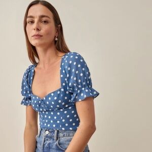 Reformation Delevan Puff Sleeve Blouse Blue White Polka Dot Size 8